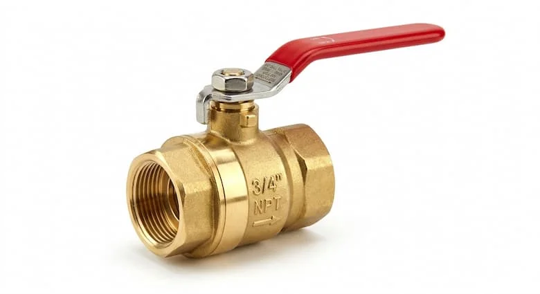 Hình ảnh sản phẩm van bi bằng đồng thau chất lượng cao, kích thước 3/4 inch, linh kiện đường ống công nghiệp, chất liệu đồng thau đánh bóng, tay cầm màu đỏ hoặc xanh lam