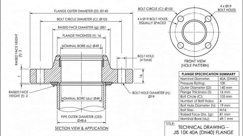 Bản vẽ kỹ thuật mặt bích JIS 10K 40A (DN40) với kích thước được ghi chú, khoảng cách lỗ bu lông, kích thước đường kính