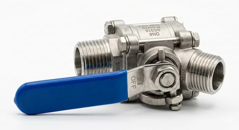 Hình ảnh sản phẩm cực kỳ chân thực của một van bi mini 5/16 inch, van bi nhỏ gọn bằng thép không gỉ với tay cầm màu xanh lam