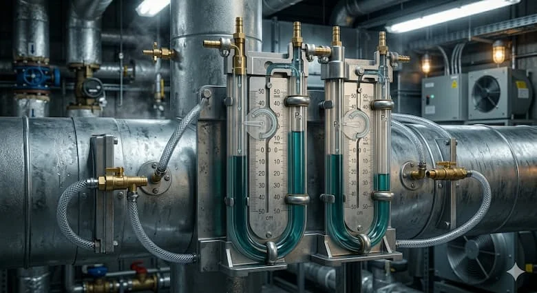 Áp kế chữ U lắp trên hệ thống HVAC và đường ống khí công nghiệp, hiển thị chênh lệch cột chất lỏng, phong cách kỹ thuật công nghiệp