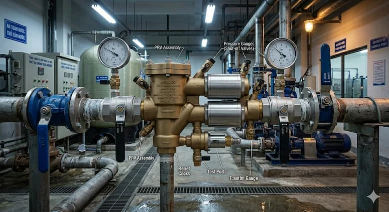 Thiết bị chống chảy ngược được lắp đặt trong hệ thống đường ống cấp nước thương mại, kết nối với các đường ống công nghiệp có đồng hồ đo áp suất và van khóa, mô phỏng phòng máy móc thực tế
