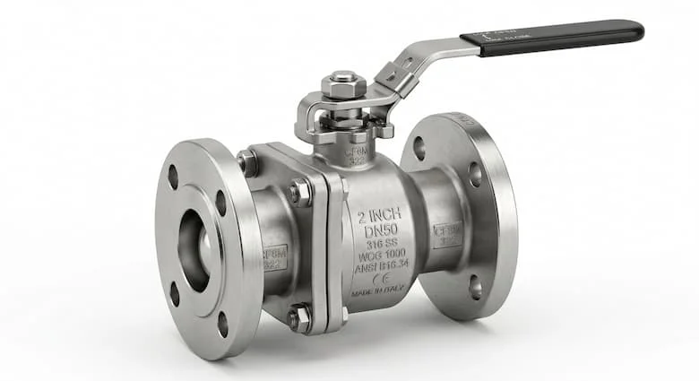 Hình ảnh sản phẩm chất lượng cao về van bi 2 inch, van bi công nghiệp DN50 với thân và tay cầm bằng thép không gỉ, kết cấu kim loại chân thực