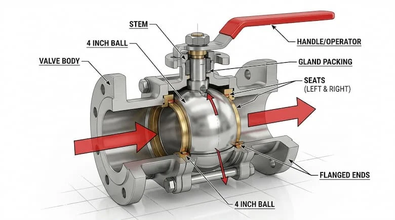 Sơ đồ cắt ngang của van bi 4 inch thể hiện cấu trúc bên trong bao gồm thân van, bi, trục, đế van và đường dẫn dòng chảy