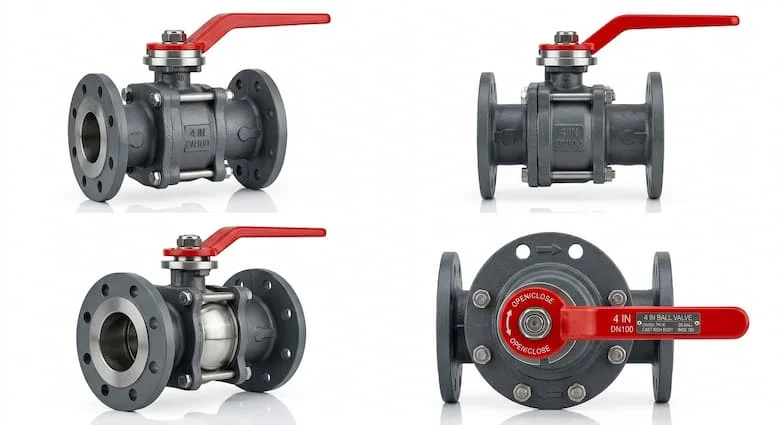 Ảnh chụp sản phẩm công nghiệp độ phân giải cao của một van bi 4 inch (DN100) có đầu bích, được làm bằng gang và thép không gỉ
