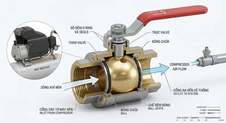 Sơ đồ mặt cắt của van bi được sử dụng trong hệ thống máy nén khí, thể hiện cấu tạo bên trong gồm bi, trục, thân van, gioăng