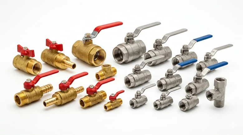 Ảnh sản phẩm độ phân giải cao của van bi dùng cho máy nén khí, bao gồm van bi ren bằng đồng thau và thép không gỉ