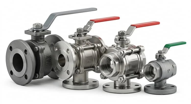 ảnh sản phẩm công nghiệp chất lượng cao về van bi bằng thép không gỉ và gang được sử dụng trong hệ thống đường ống công nghiệp