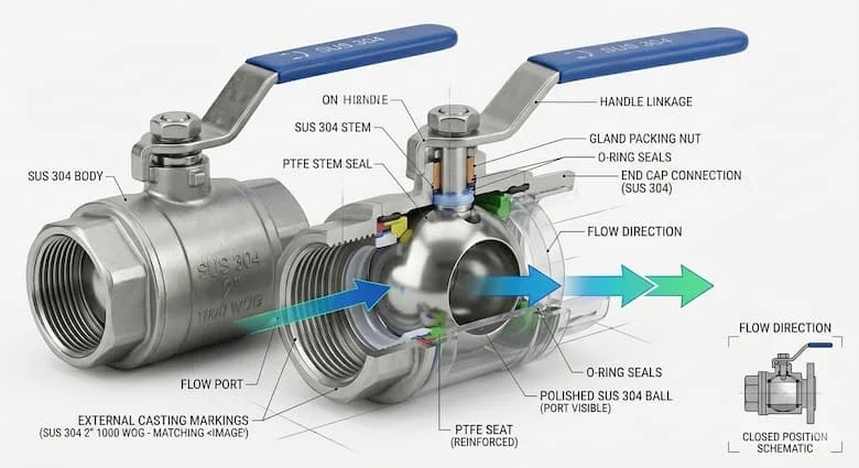 Sơ đồ mặt cắt của van bi bằng thép không gỉ SUS 304 thể hiện cơ cấu bi bên trong, gioăng PTFE, trục van, vòng đệm và hướng dòng chảy