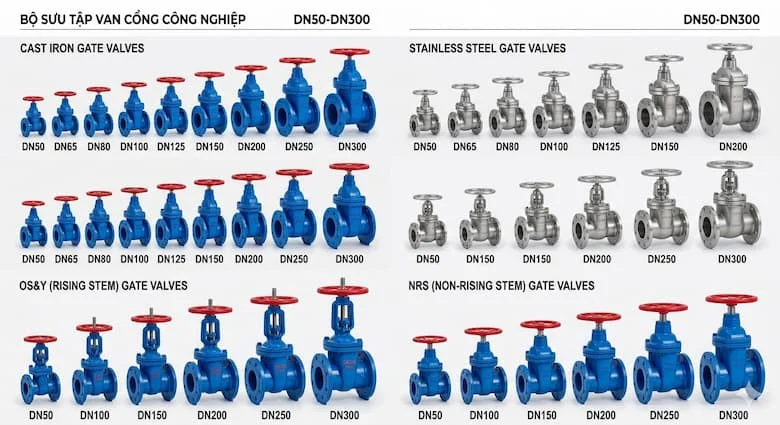 Bộ sưu tập nhiều loại van cổng công nghiệp gồm van cổng gang, van cổng inox, van cổng ty nổi và van cổng ty chìm với nhiều kích thước DN50 đến DN300
