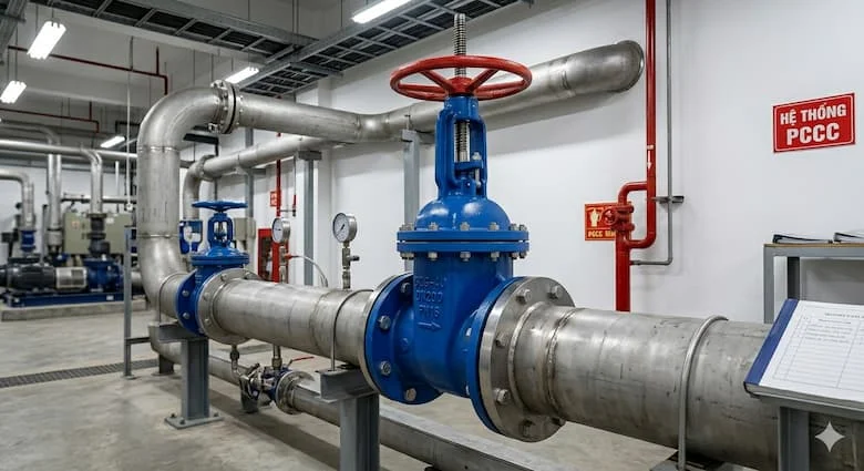 Van cổng công nghiệp lắp đặt trên hệ thống đường ống cấp nước hoặc PCCC trong nhà máy hiện đại, đường ống thép lớn kết nối mặt bích, môi trường kỹ thuật công nghiệp