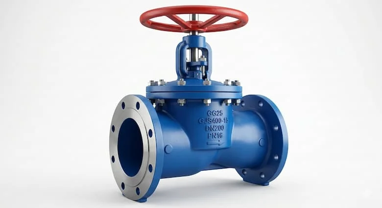 Ảnh sản phẩm van cổng công nghiệp chất lượng cao, thân gang sơn epoxy màu xanh, tay quay đỏ, kết nối mặt bích