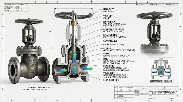 Sơ đồ mặt cắt của van thép carbon áp suất cao thể hiện đĩa bên trong, trục, đế van, thân van, kết nối mặt bích và hướng dòng chảy