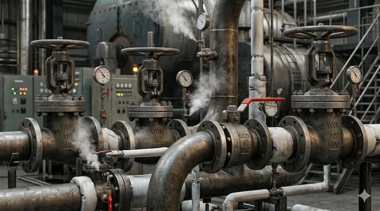Hệ thống đường ống hơi nước công nghiệp thực tế sử dụng van thép carbon được lắp đặt trong phòng nồi hơi