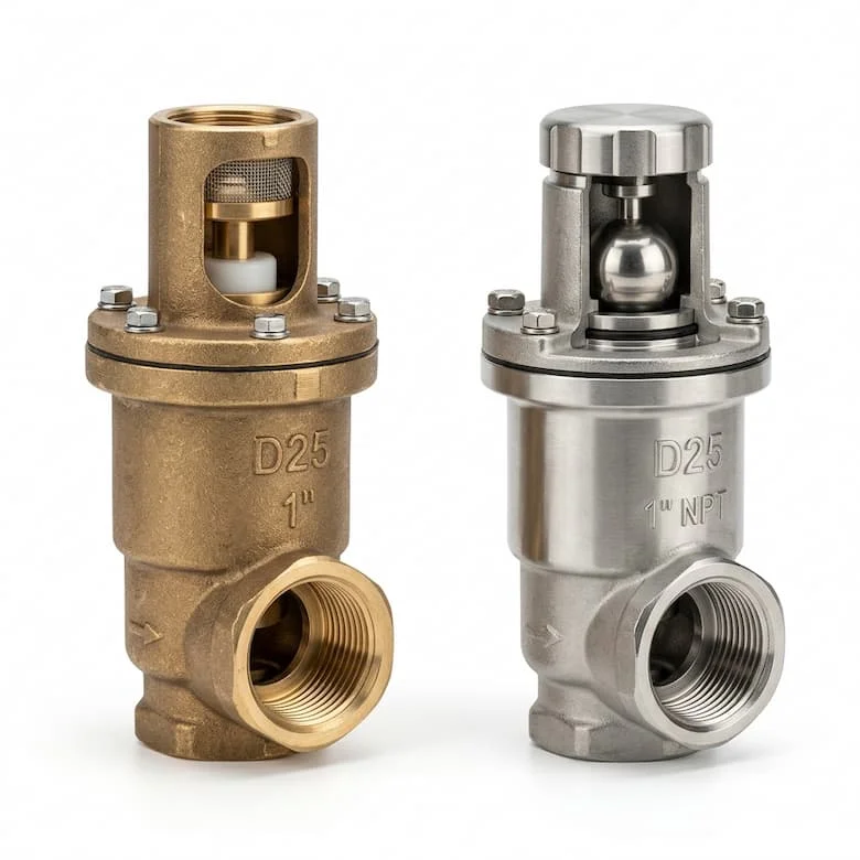 ảnh sản phẩm van xả khí D25 công nghiệp, chất liệu đồng và inox, kiểu ren, thiết kế chi tiết sắc nét
