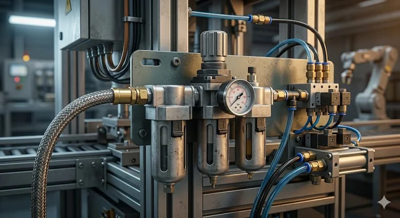 Bộ điều áp khí nén lắp trên hệ thống khí nén công nghiệp hiện đại, đường ống khí và bộ lọc FRL, môi trường nhà máy tự động hóa
