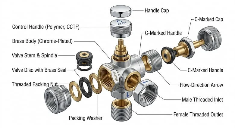 Hình ảnh tháo rời của một van góc bằng đồng thau, thể hiện các bộ phận bên trong bao gồm thân van, tay cầm, trục van, đĩa van, gioăng cao su, khớp nối ren