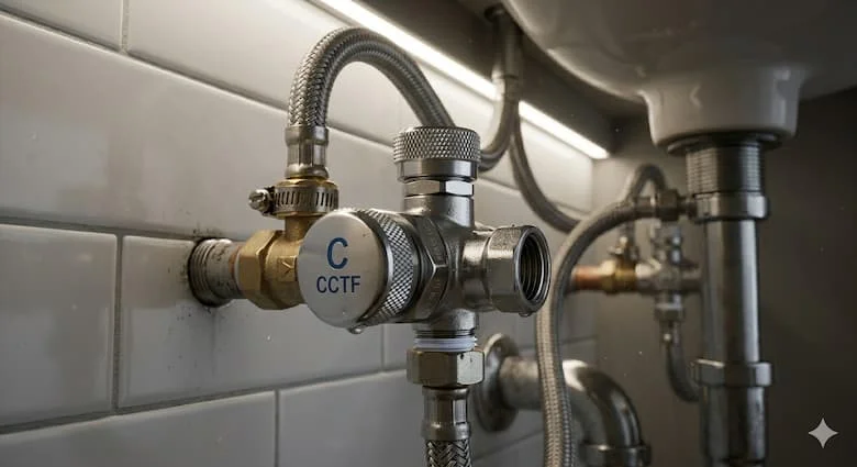 Van góc bằng đồng thau được lắp đặt dưới bồn rửa trong phòng tắm, kết nối với đường ống cấp nước, hệ thống đường ống hiện đại, môi trường phòng tắm gia đình thực tế, van mạ crom với đầu nối ống mềm