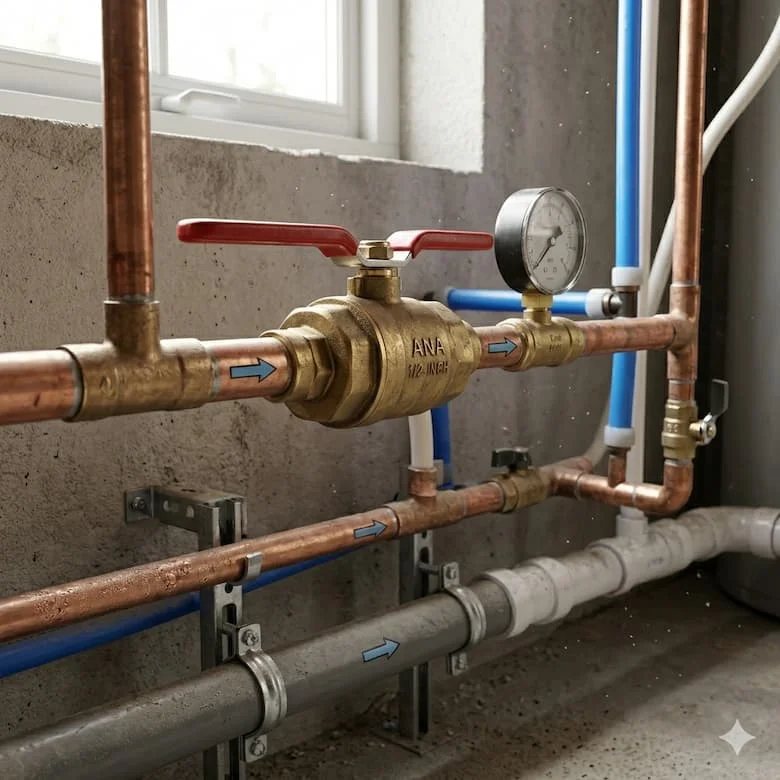 Van bi bằng đồng thau với tay cầm màu đỏ được lắp đặt trong hệ thống đường ống nước dân dụng hoặc công nghiệp, mô phỏng môi trường đường ống nước thực tế