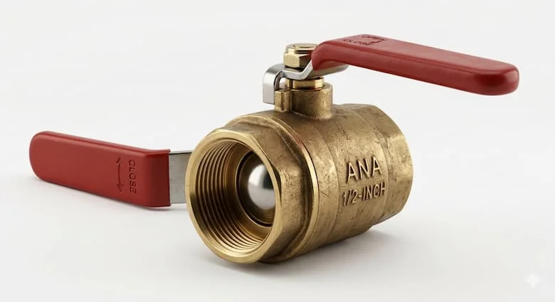 Van bi bằng đồng thau thực tế với tay cầm màu đỏ, được chụp riêng trên nền trắng, hình ảnh sản phẩm van đường ống công nghiệp