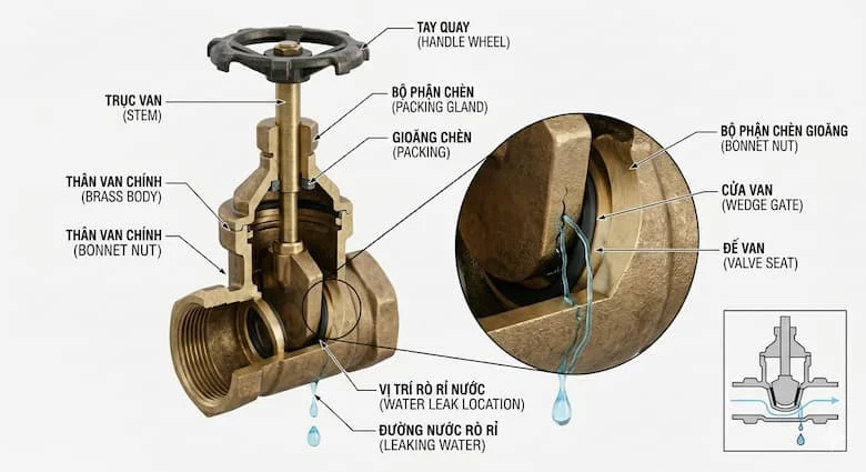 hình ảnh cắt lớp kỹ thuật của van nước dân dụng, hiển thị rõ thân van, gioăng làm kín, trục van và vị trí rò rỉ nước