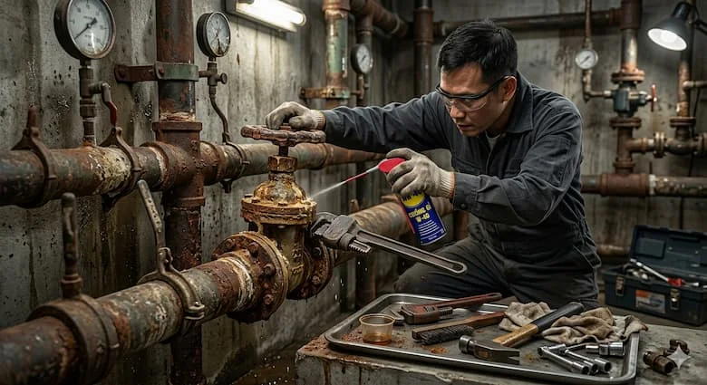 hình ảnh van nước bị gỉ sét và kẹt cứng trong hệ thống đường ống cũ, kỹ thuật viên đang sử dụng dung dịch chống gỉ và dụng cụ sửa chữa để xử lý