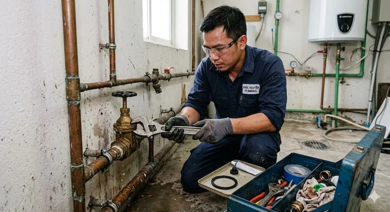 hình ảnh kỹ thuật viên đang sửa chữa van nước bị rò rỉ trong hệ thống cấp nước gia đình, sử dụng cờ lê để tháo van và thay gioăng cao su