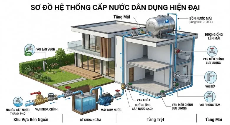 hình ảnh mô phỏng sơ đồ hệ thống cấp nước dân dụng cho nhà ở, hiển thị bồn chứa nước, máy bơm, đường ống cấp nước và van khóa nước