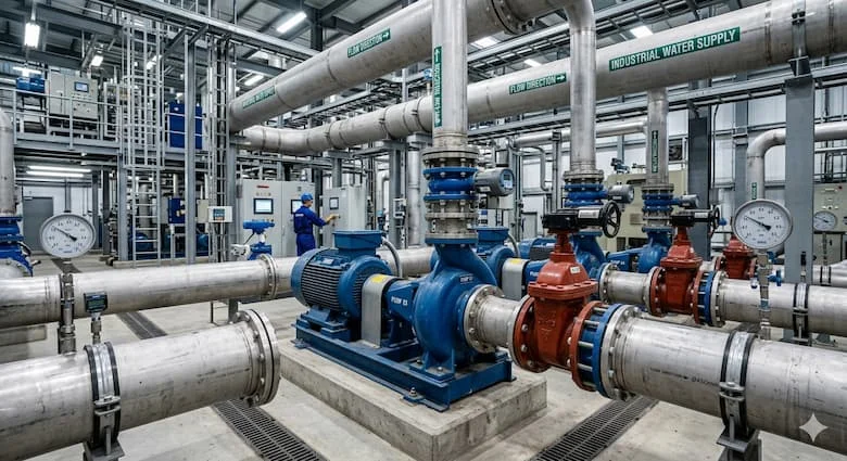hình ảnh hệ thống cấp nước công nghiệp hiện đại với đường ống lớn, máy bơm nước, van công nghiệp và đồng hồ áp suất, môi trường nhà máy kỹ thuật cao