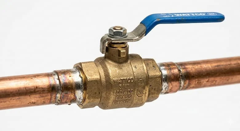 Hình ảnh sản phẩm van khóa nước cực kỳ chân thực, van nước bằng đồng thau với tay cầm màu xanh lam được lắp đặt trên đường ống nước