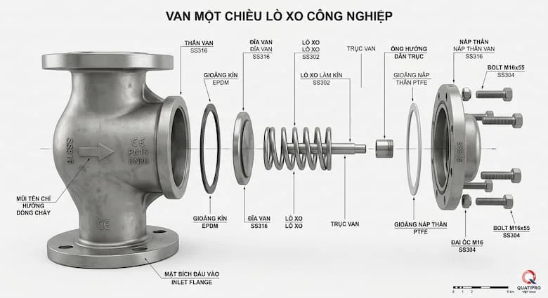 Hình minh họa kỹ thuật công nghiệp về cấu trúc van một chiều, hình chiếu tháo rời cho thấy tất cả các bộ phận bên trong bao gồm thân van, đĩa van, lò xo, trục van, gioăng làm kín và mũi tên chỉ hướng dòng chảy, vật liệu thép không gỉ