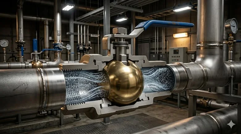 Van khóa nước thực tế được lắp đặt trên hệ thống đường ống công nghiệp, đường ống nước bằng thép không gỉ được kết nối trong môi trường phòng máy
