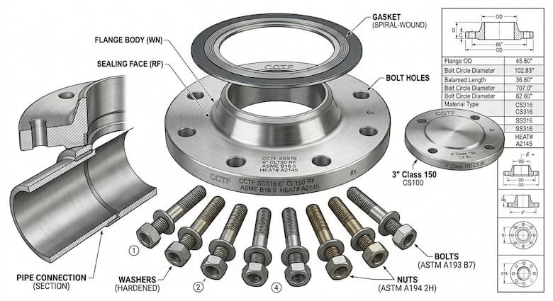 Hình ảnh kỹ thuật chi tiết của cụm mặt bích CCTF thể hiện thân mặt bích, lỗ bu lông, gioăng, bu lông, mặt tiếp xúc và khớp nối ống