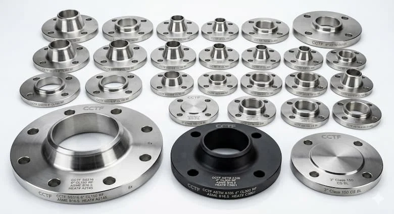 Các mặt bích CCTF công nghiệp chất lượng cao được sắp xếp trên nền trắng sạch sẽ, mặt bích ống bằng thép không gỉ và thép carbon, nhiều kích cỡ và cấp áp suất khác nhau