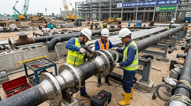 Lắp đặt hệ thống đường ống công nghiệp sử dụng mặt bích thép, công nhân lắp ráp đường ống bằng bu lông và gioăng, môi trường công trường xây dựng