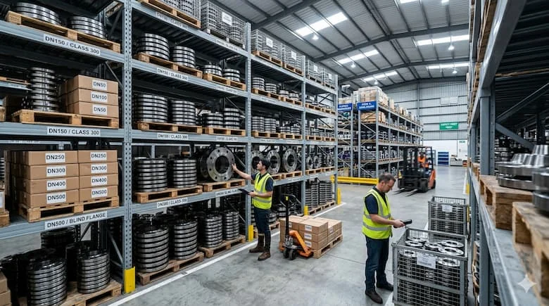 Kho chứa mặt bích công nghiệp, lượng hàng tồn kho lớn các loại mặt bích thép, kệ được sắp xếp gọn gàng với nhiều kích cỡ khác nhau