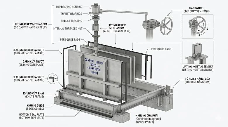 Hình chiếu tháo rời của cửa cống (cửa xả phai), thể hiện các bộ phận chính: khung cửa, tấm cửa trượt, gioăng cao su làm kín, cơ cấu vít nâng