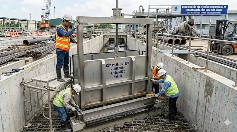 Lắp đặt cửa cống trong hệ thống thoát nước, công nhân lắp đặt cửa cống kim loại trong kênh bê tông, công trường xây dựng, môi trường công nghiệp