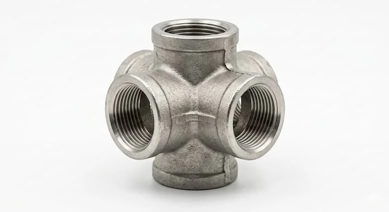Hình ảnh sản phẩm thực tế của một khớp nối ống 4 chiều (khớp nối chữ thập), vật liệu thép không gỉ, đầu nối ống công nghiệp