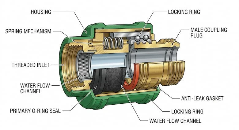 cắt chi tiết của một khớp nối nhanh ống nước, thể hiện các bộ phận bên trong như cơ cấu khóa, vòng đệm cao su và thân khớp nối, các bộ phận được dán nhãn