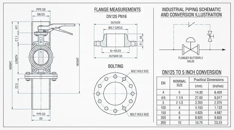 Bản vẽ kỹ thuật chi tiết kích thước ống và van DN125, sơ đồ đường ống công nghiệp với kích thước mặt bích