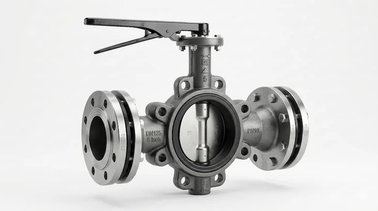 Hình ảnh sản phẩm cực kỳ chân thực của van công nghiệp DN125, van bướm 5 inch được lắp đặt trên hệ thống đường ống công nghiệp, thân bằng gang và thép không gỉ
