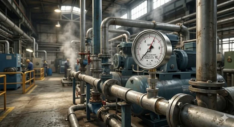 Đồng hồ đo áp suất khí nén công nghiệp được lắp đặt trên đường ống khí nén trong nhà máy, hệ thống máy nén khí, đồng hồ đo áp suất bằng thép không gỉ được gắn trên đường ống công nghiệp, hình ảnh thực tế