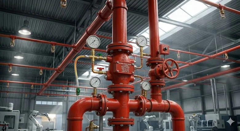 Hệ thống phun nước chữa cháy công nghiệp thực tế được lắp đặt bên trong trần nhà máy với các đường ống chữa cháy màu đỏ, đầu phun, van điều khiển, đồng hồ đo áp suất và cụm van báo động