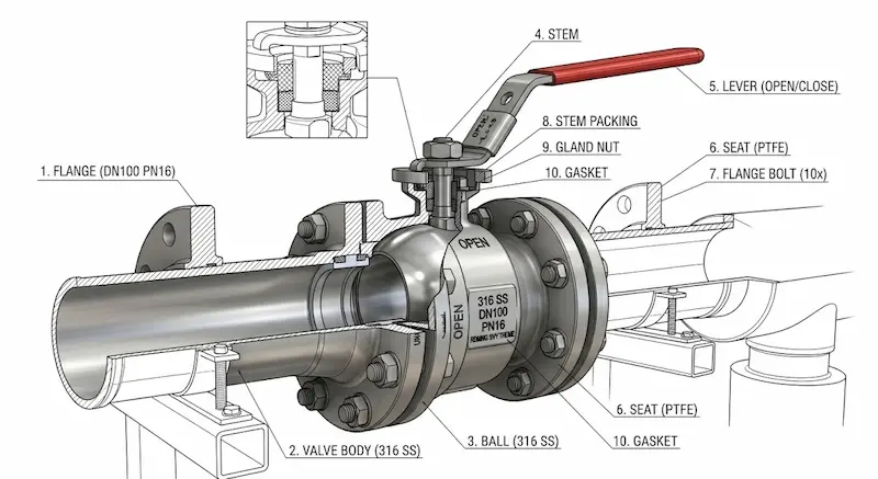 Chi tiết cấu tạo van bi mặt bích