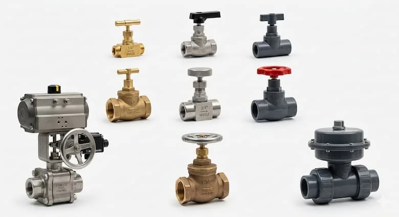 Hình ảnh sản phẩm độ phân giải cao về các loại van điều khiển lưu lượng, bao gồm van kim, van cầu và van điều khiển công nghiệp