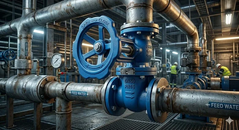 Van cổng công nghiệp DN50 được lắp đặt trong hệ thống đường ống nước bên trong nhà máy, van cổng màu xanh dương 50mm được kết nối với ống thép, môi trường công nghiệp