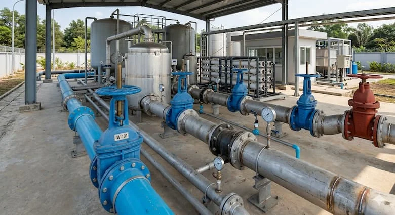 Nhà máy xử lý nước công nghiệp hiện đại với nhiều van cổng điều khiển lưu lượng nước, cơ sở hạ tầng đường ống 