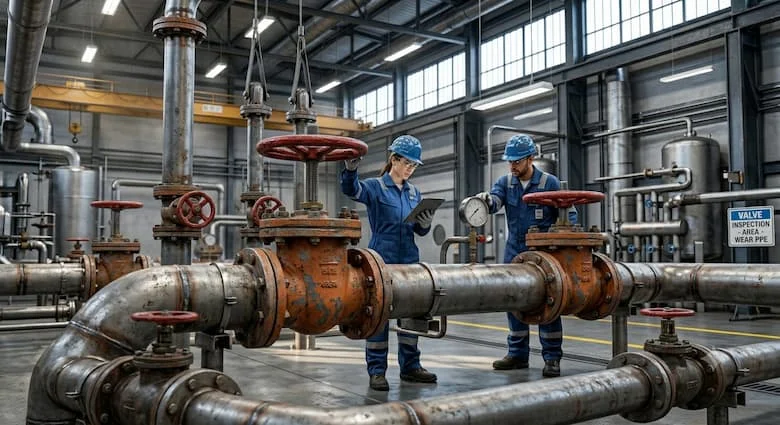 Van cổng được lắp đặt trong hệ thống đường ống công nghiệp lớn bên trong một nhà máy hiện đại, ống thép, môi trường công nghiệp