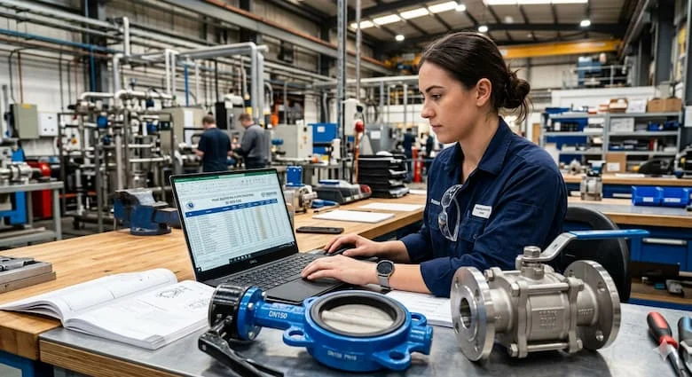 hình ảnh kỹ sư công nghiệp đang kiểm tra bảng báo giá van công nghiệp trên laptop trong nhà máy hoặc phòng kỹ thuật, phía trước có các loại valve công nghiệp như butterfly valve và ball valve