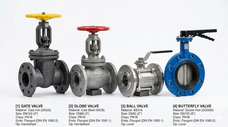 ảnh nhiều loại van công nghiệp đặt cạnh nhau gồm ball valve, butterfly valve, gate valve và globe valve, chất liệu gang, inox và thép
